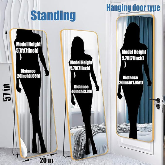 57x20 Door Hanging Full Length Mirror, Floor Stand (Height 5.7ft just Body in1.3ft) Wall Mounted Metal Frame Rectangle Dressing Mirrors for Bedroom Room 57 inch Gold