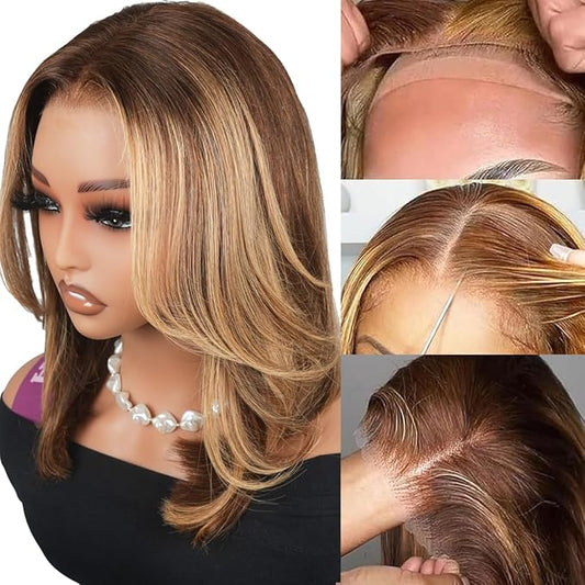 Ombre Lace Front Wig Human Hair stright 9x6 Short Bob Glueless Wigs Human Hair Pre Plucked Pre Cut 200% Density Blonde Highlight wigs For women 8Inch(#4/27 Piano Colored)