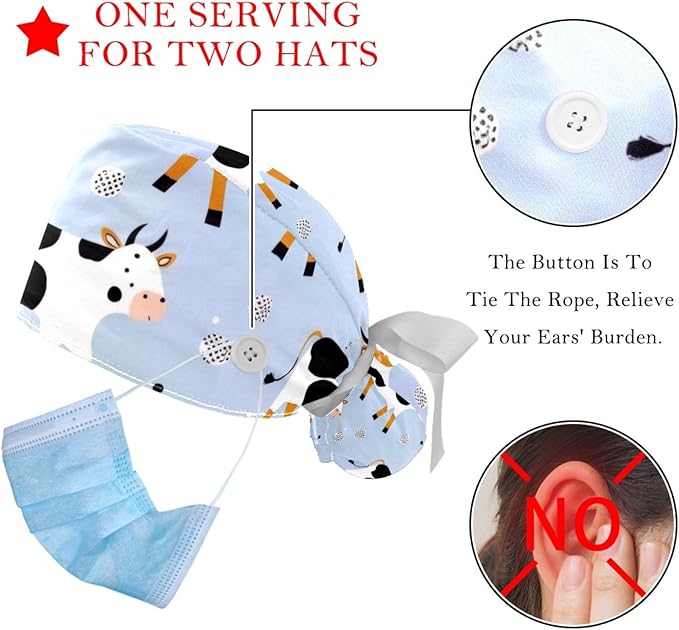 2 PCS Bouffant Cap with Button Ponytail Pouch Working Cap Sweatband Adjustable Surgical Cap Black and White Cow