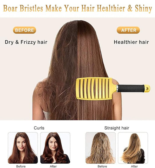 KTKUDY Detangling Brush Boar Bristles Hairbrush Make Hair Shiny & Healthier Curved and Vented Detangler Brush for Women Men Kids Wet and Dry Hair (Yellow)