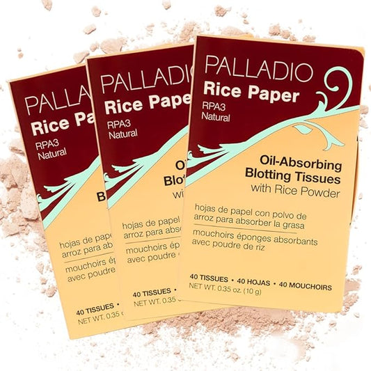 Palladio Rice Paper Facial Tissues for Oily Skin, Face Blotting Sheets Made from Natural Rice, Oil Absorbing Paper with Rice Powder, 2 Sided, Instant Results, Natural, 40 Count (Pack of 3)