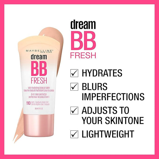 Maybelline Dream Fresh Skin Hydrating BB cream, 8-in-1 Skin Perfecting Beauty Balm with Broad Spectrum SPF 30, Sheer Tint Coverage, Oil-Free, Medium, 1 Fl Oz (Pack of 2)