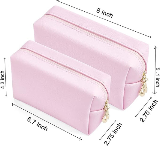 2pcc set PU Leather Cosmetic Bag for Women Minimalism Makeup Bag for Daily Use Portable Storage Purse Small Neat Cosmetic Pouch Water-resistant Toiletry Bag for Travel (Voilet Pink)