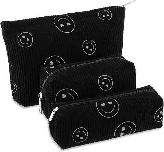 3 Pcs Makeup Bag Set for Women Corduroy Cosmetic Pouch Aesthetic Smile Travel Toiletry Bag Cute Purse Pouch Pencil Case Makeup Brushes Storage Organizer for Christmas(Black,Smile Face)