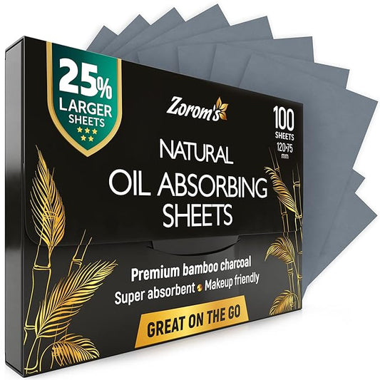 Natural Oil Blotting Sheets for Face with Bamboo Charcoal - 25% Larger - 1pk/100 Makeup Friendly Blotting Papers for Face - Easy Dispensing Oil Absorbing Sheets