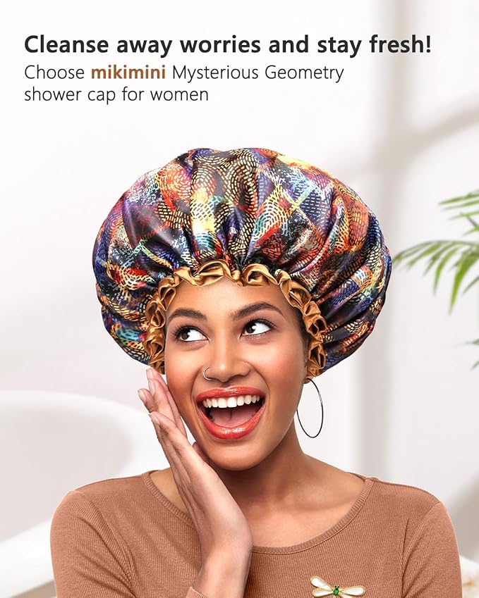 mikimini Mystery Medium Shower Caps Pack of 2, Shower Cap for Girls and Women with Brown Lace, Reusable Waterproof Bathing Shower Hat