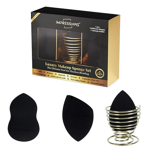 ImpressionZ 3 Pcs Makeup Sponge Set with Holder β Multi-Shape Beauty Makeup Sponges for Foundation, Cream, Liquid & Powder β Latex-Free Makeup Sponge Blender, Vegan & Cruelty-Free Sponge for Soft Skin