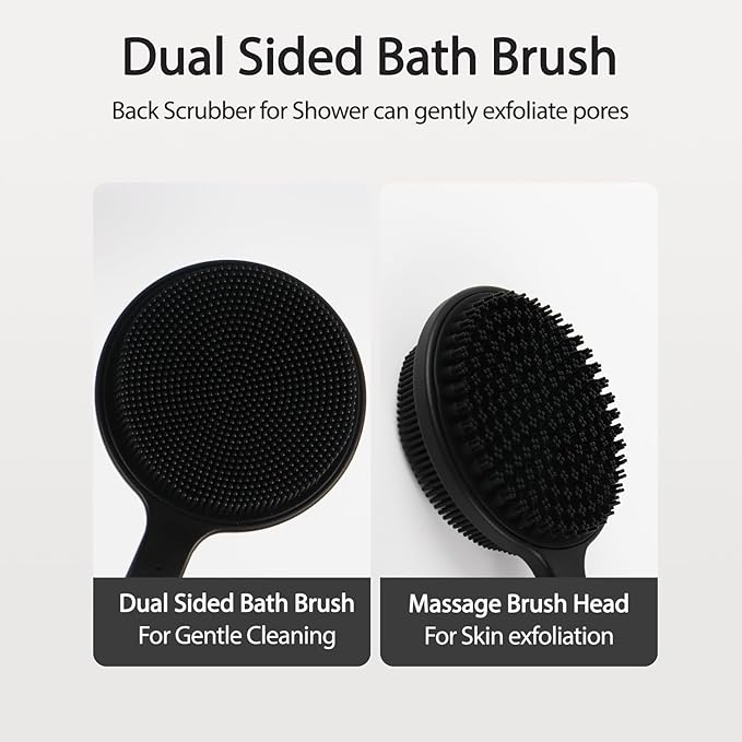 Silicone Back Scrubber for Shower - Adjustable Extendable (40-60 cm / 15.7"-23.6") Long Handle Body Brush with Foam-Generating Dual-Sided Heads for Men & Relaxing Massage Exfoliation