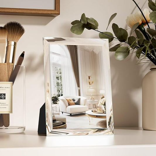 Fun Memories 4x5.8 Inch Frameless Mirror β Portable Travel Mirror with Bracket, Wall Hanging & Desk Stand, Compatible with Makeup Vanities
