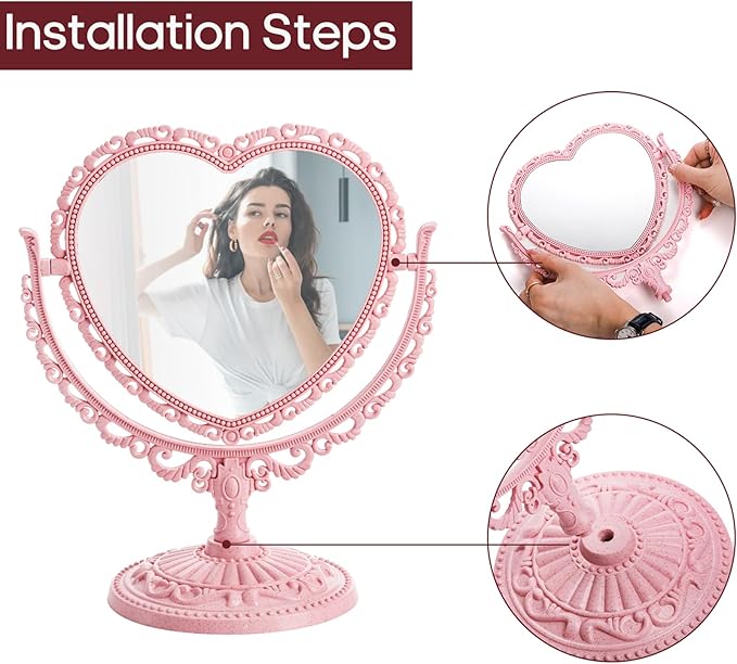 DEAYOU 4 Pack Heart Shaped Cosmetic Mirror, Vintage Vanity Tabletop Mirror with Double Sided, Rotatable Dresser Mirrors with Stand for Makeup, Girl, Women, Beauty, Spa Party, 4 Color