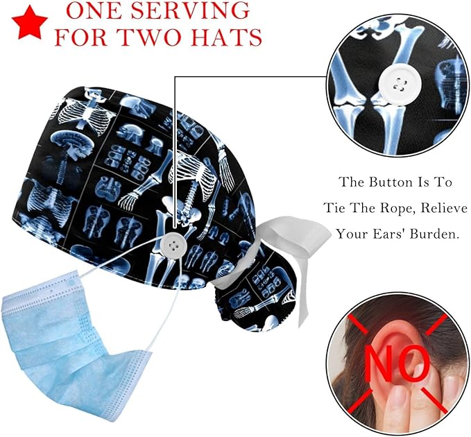 2 PCS Bouffant Cap with Button Ponytail Pouch Working Cap Sweatband Adjustable Surgical Cap Black and White Cow