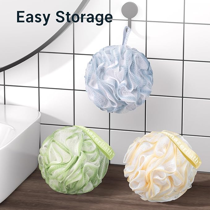 AmazerBath Loofah Sponge, Shower Loofah 60g/PCS - Body Scrubber Loofa Set of 3 Tranquil Tints Trio, Bath Sponge for Men and Women