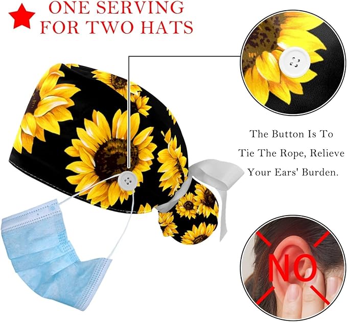 2 PCS Bouffant Cap with Button Ponytail Pouch Working Cap Sweatband Adjustable Surgical Cap Black and White Cow
