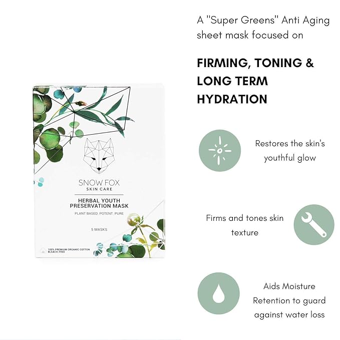 Snow Fox Herbal Youth Mask β 1 Pack Anti-Aging, Hydrating and Firming Mask with Super Greens Herbs that Boost Collagen and Elasticity Production for a Radiant Youthful Glow