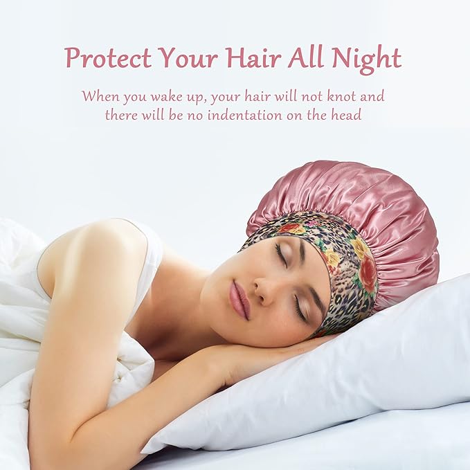 4 Pack Satin Bonnet Silk Bonnet for Sleeping Women, Hair Sleep Bonnets for Women, Wide Soft Band Sleep Cap for Curly Hair Braids
