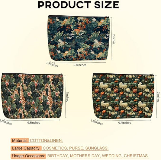 3pcs Cosmetic Bags for Women Makeup Bag, Bachelorette Party Favors Christmas Birthday Friendship Gifts for Women Girls Bestie Travel Toiletry Bag Skin Care Bag, Vintage Forest Giraffe Sheep Tiger