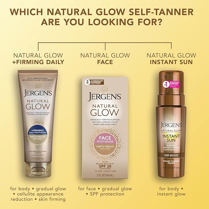 Jergens Natural Glow +Firming Self Tanner Body Lotion, Fair to Medium Skin Tone, Sunless Tanning Moisturizer with Collagen and Elastin. Helps to Visibly Reduce Cellulite, 7.5 Fl Oz (Pack of 2)