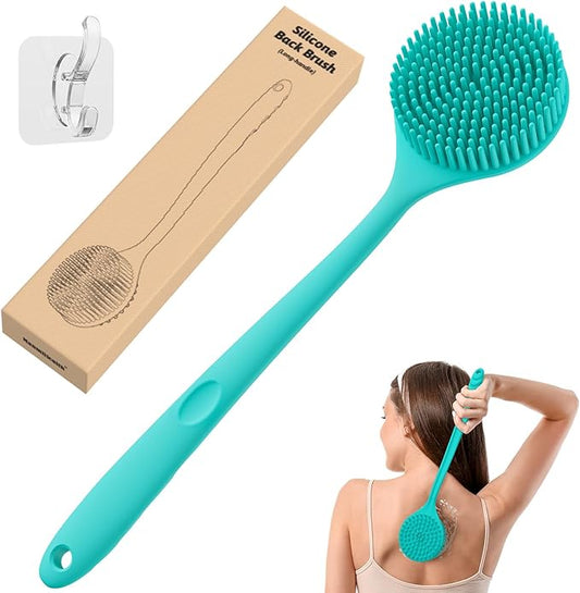Manmihealth Silicone Back Scrubber for Shower(Thick Bristles), Body Scrubber with 15'' Long Handle, Light & Easy-to-Hold Shower Brush for Skin Exfoliating and Massaging, Not Good in Lathering. (Blue)