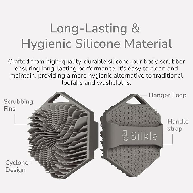 Silicone Body Scrubber (Gray) & 2-Pack Face Scrubber (Blue) - Exfoliating Body Brush for Shower & Skin Cleanser - Gentle Double-Sided Facial Cleansing Brushes - Complete Skincare Set