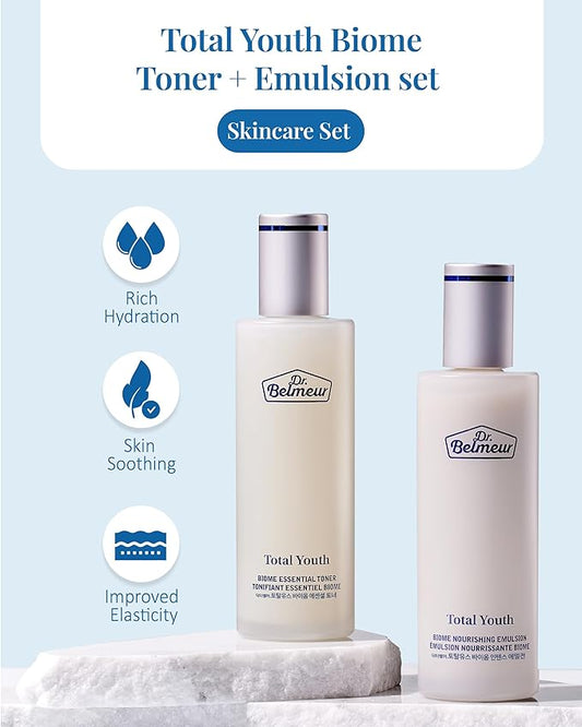 Dr. Belmeur Total Youth Biome (Skincare Set, 12.2fl oz) - Premium Total Age-Defying Toner + Emulsion Set for Wrinkles, Elasticity, Hydration & Skin Tone. Korean Skin Care by LG Beauty. Collagen,