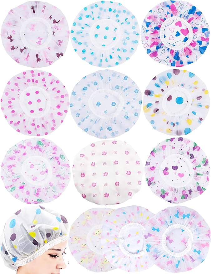 12 Pieces Reusable Waterproof Shower Caps,Durable Elastic Bathing Hair Cap,Beauty Salon Spa Shower Caps Lace Elastic Band Hair Bath Caps Shower Caps