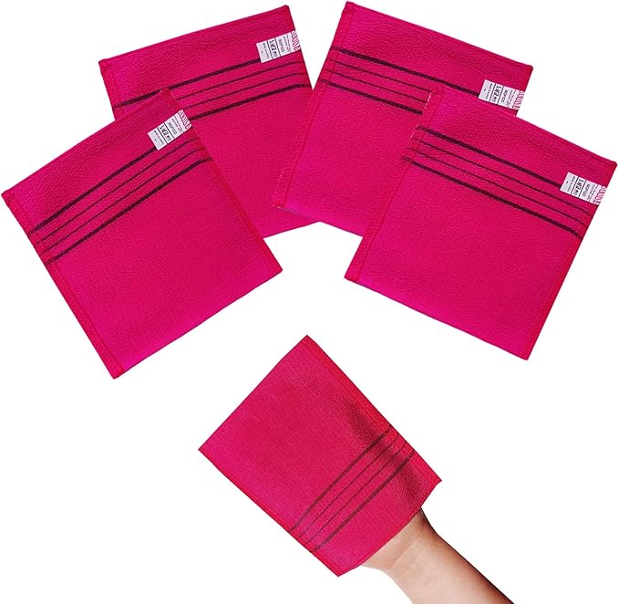 Korean Asian Exfoliating Bath Washcloth Mitt for Remove Dead Skin.Exfoliating Body Scrubber.Exfoliating Gloves for Body Scrub (Red 4)