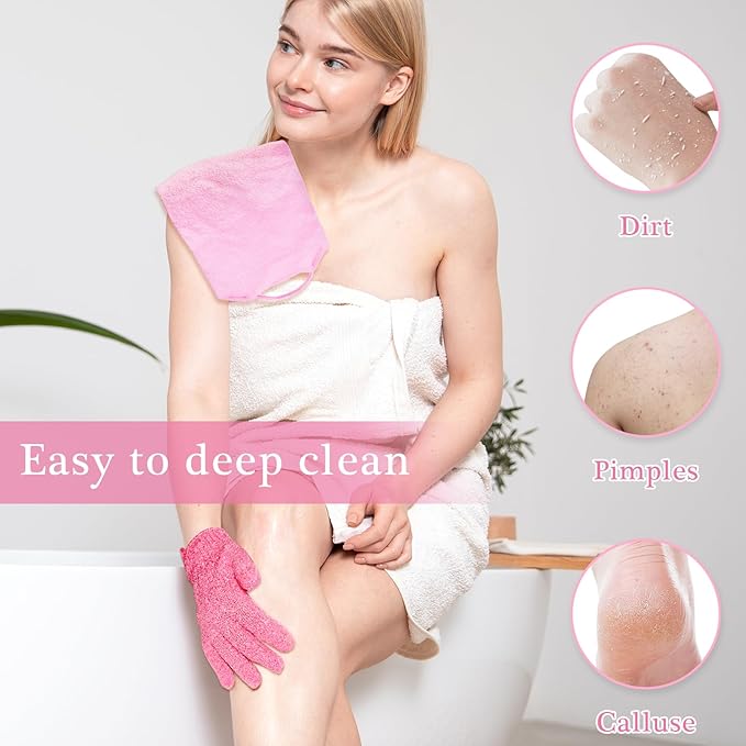 4Pcs Exfoliating Back Scrubber with Handle and 2 Pairs Shower Bath Gloves Bath Set for Shower Bath Exfoliator Stretchable Skin Massages Back Scrubber Improve Blood Circulation