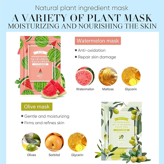 20 Sheets Face Masks Skincare for All Skin Types, Hydrating Facial Masks, Watermelon, Aloe Vera, Peach, Oil Contral Moisture Face sheet Masks for Sensitive Skin, Facial Mask for Women