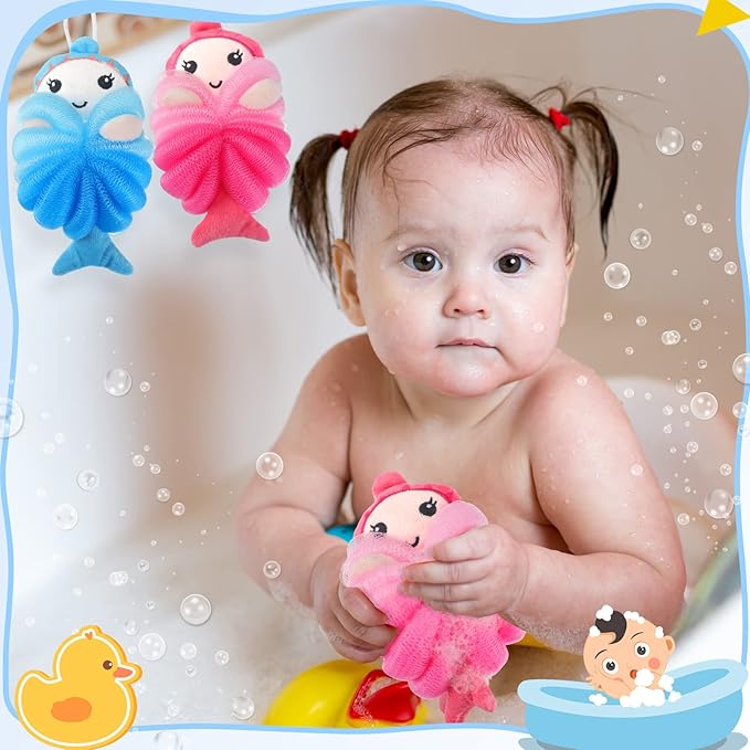 Nuenen 2 Pcs Bath Loofahs Kids Toddler Cute Cartoon Bath Sponges Loofah Pouf Body Scrubber Mesh Sponges for Children Shower Washing Exfoliating(Mermaid)