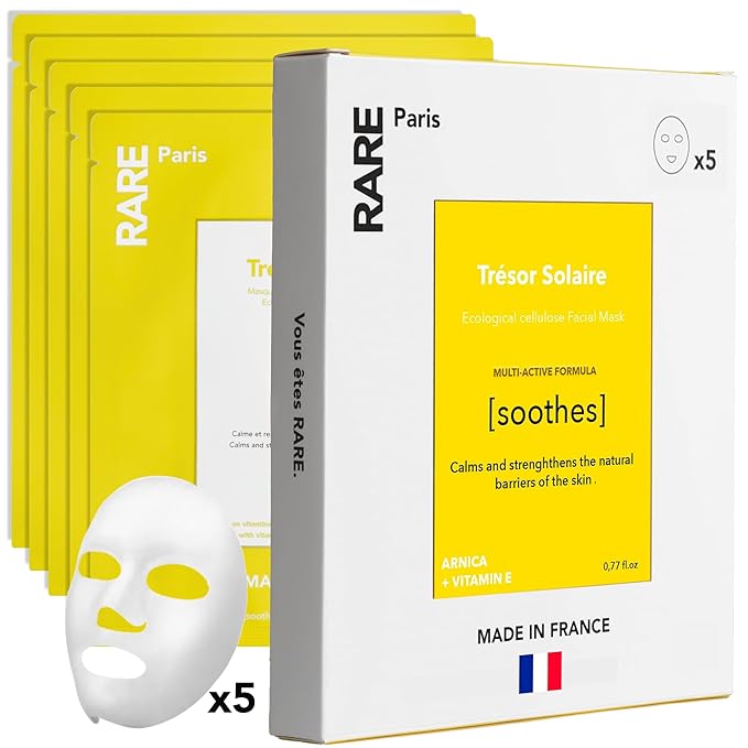 Trésor Solaire - Soothing Facial Sheet Mask - Soothing & Strengthening - With Vitamin E & Arnica - Brightening, Firming & Revitalizing - Multi-Active Serum Formula - 5 Pack