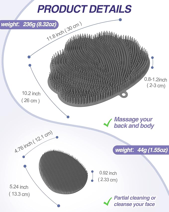 Manmihealth Upgrade Shower Foot Massager Scrubber & Bath Glove Set(2 PCS), Hands-Free Back Scrubber for Shower, Wall-Mounted Shower Brush with Body & Face Scrubber and Free Adhesive Hook. (Gray)