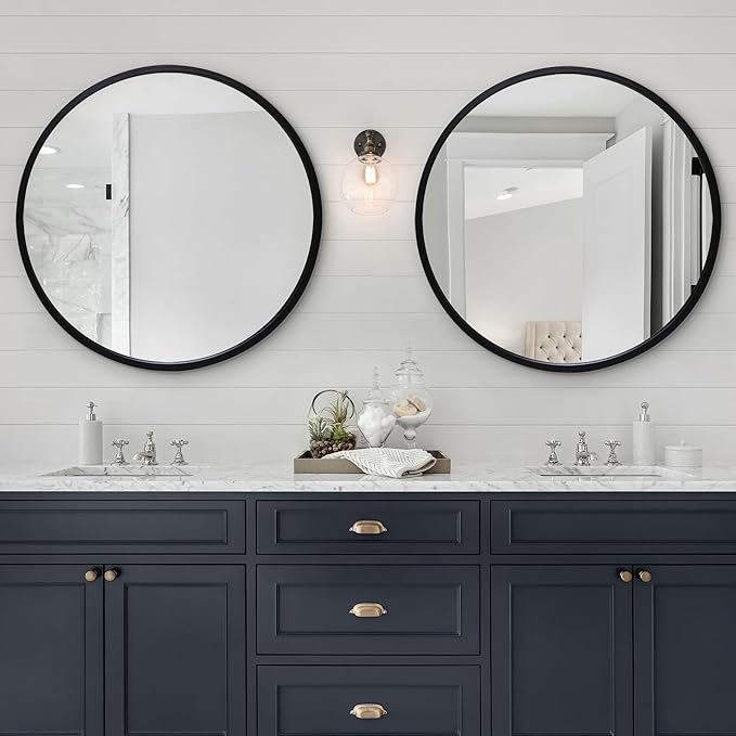 Americanflat 32" Round Mirror - Hanging Mirrors with Durable Frame - Modern Mirror for Bathroom, Bedroom, Living Room - Mirrors for Wall Display and Home Decor - Black