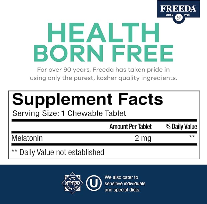 FREEDA Melatonin 2mg Sugar-Free Chewables β Natural Sleep Aid for Adults & Kids β Vegan, Kosher, Gluten-Free, Non-GMO, Easy Bedtime Support β 240 Tablets