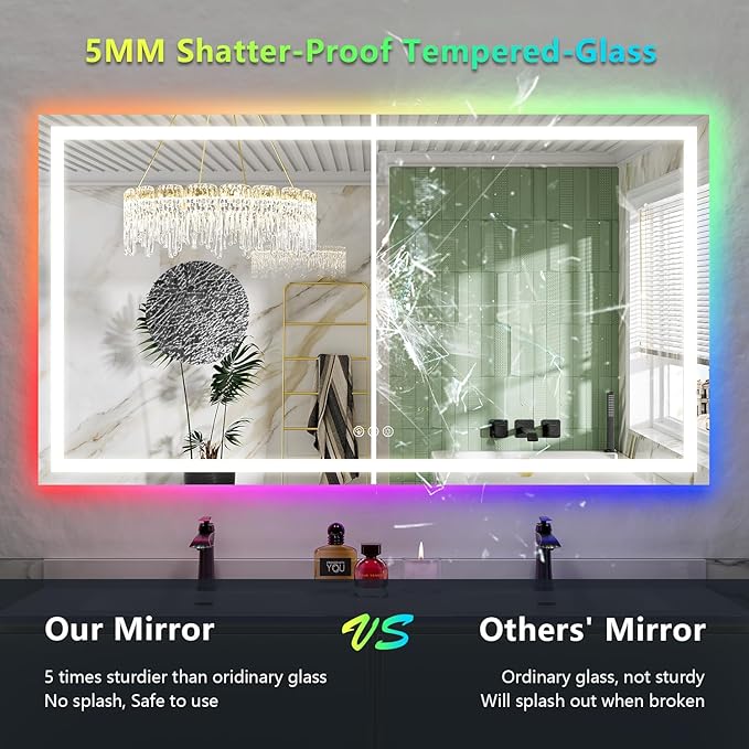 65x36 Inch RGB LED Bathroom Mirror Front Light and RGB Backlit Lighted Vanity Mirror for Bathroom Wall Mounted Dimmable Anti Fog Memory Shatter-Proof IP54 Waterproof Horizontal/Vertical