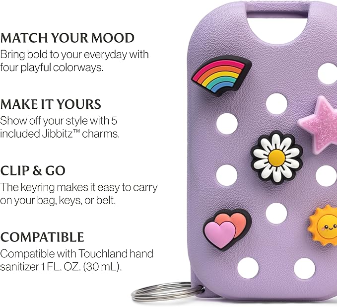 Touchland x Crocs Limited Edition Mist Case 1 Fl. OZ., Stylish Hand Sanitizer Spray Accessory, with 5 Jibbitz Charms and Keyring, Pixie Lavender Color