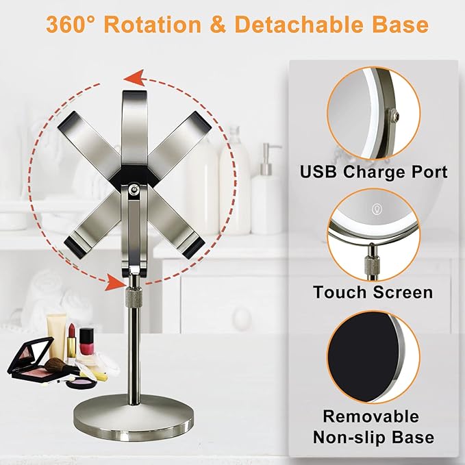 10x Makeup Mirror with Lights, 4000mAh Height Adjustable Lighted Makeup Mirror, Magnifying Mirror with LED Lights,Cosmetic Vanity, Light Up Mirror, Nickel