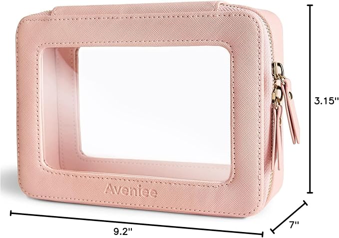 Aveniee Clear Makeup Bag Organizer, Portable Travel Toiletry Cosmetic Bag Case for Women, Heavy Duty Vegan Leather Make Up Pouch with Transparent Vinyl Windows & Gold Zippers(Pink)