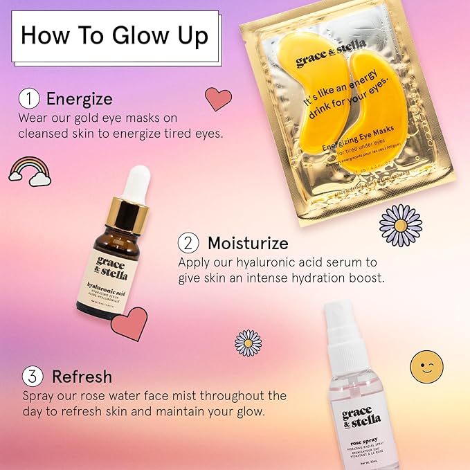 grace & stella Award-Winning Skin Care Set - Stocking Stuffers for Teen Girls, Christmas Gifts for Women - Travel Essentials with Gold Eye Masks, Hyaluronic Acid Serum & Rose Spray, Beauty Gift Set
