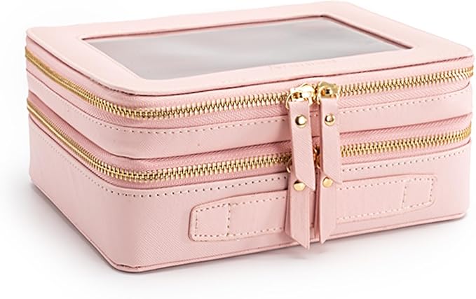 Aveniee Large Clear Makeup Bags, Double Layer Cosmetic Bags with Separate Brush Compartment, Travel Toiletry Bag Cosmetic Train Case, Travel Accessories Organizer for Women(2 Layers, Pink)