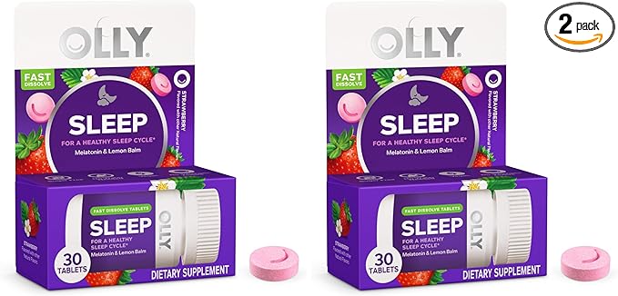 OLLY Sleep Fast Dissolves, 3mg Melatonin, Lemon Balm, Strawberry Flavor, 30 Day Supply - 30 Count (Pack of 2)
