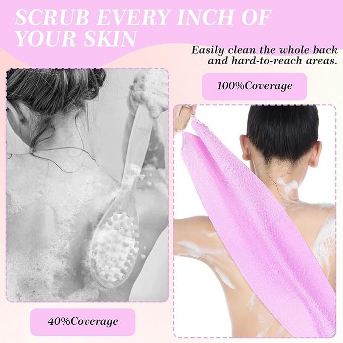 2 Pcs Back Scrubber for Shower, Back Washer with Handles for Men & Women, Double-Side Use Exfoliate Washcloth Bath Tool to Scrub Your Body (Pink and Blue)