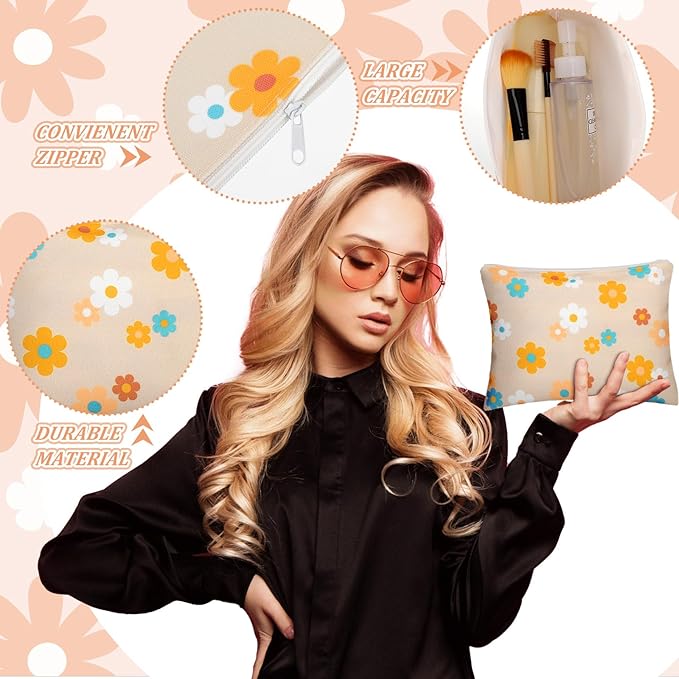 Kajaia 12 Pcs Daisy Floral Makeup Bags Bulk Fall Autumn Cosmetic Toiletry Bags Cute Portable Travel Purse Organizer Storage Zipper Pouch for Thanksgiving Christmas Women Adult Aesthetic Stuff