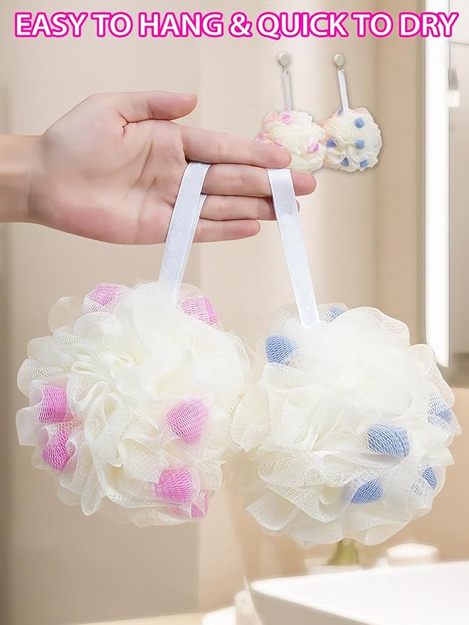 MURRI&MURRDI Body Scrubber Ball Bath Sponge, Exfoliating Loofah Shower Sponge, 4 Pack Mesh Body Sponge, Body Shower Puff Cute Shower Loofah (4 Colour)