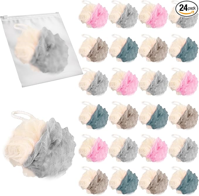24 Pack Travel Loofah, Individually Wrapped Small Loofah Shower Pouf, 4 inch Mini Bath Sponges for Shower, Multicolor