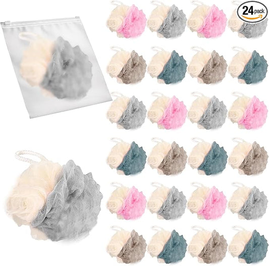 24 Pack Travel Loofah, Individually Wrapped Small Loofah Shower Pouf, 4 inch Mini Bath Sponges for Shower, Multicolor