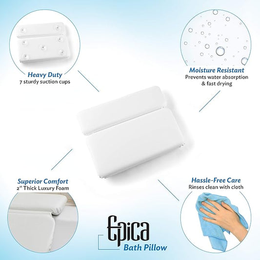 Epica Bathtub Pillow | Luxury Bath Accessories for Women & Men, Bath Decor | Non-Slip Waterproof Cushion with Strong Suction Cups, Headrest Pillow, Hot Tub Pillow, Spa Bath Cushion, Rectangle
