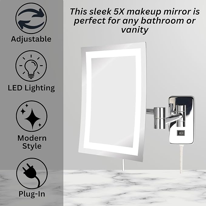 JERDON Wall Mount Makeup Mirror with 5X Magnification - 8.75” x 6.5” Rectangular Design Extends 15.5” from The Wall – Chrome Finish – Power Cord and Plug – Model JRT710CL