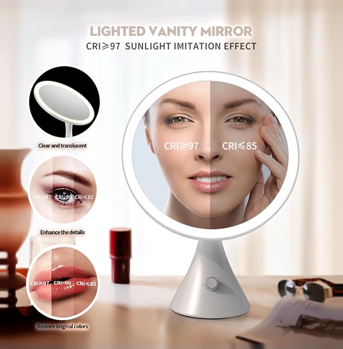 10 Inch Lighted Makeup Mirror with 7X Magnification,3 Colors & 10 Brightness Levels, Magnifying Makeup Mirrors with 5000mAh Battery, Anti-Glare,Gift Box (White)