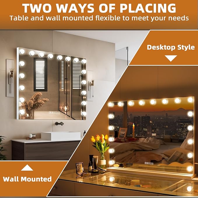 Misavanity Large Vanity Mirror with Lights 31.40’’ x 23.40’’ Tempered Galss Speaker Lighted Hollywood Mirror with 18 LED Dimmable Bulbs 3 Lighting Modes USB Charging Port and 10X Magnification, White