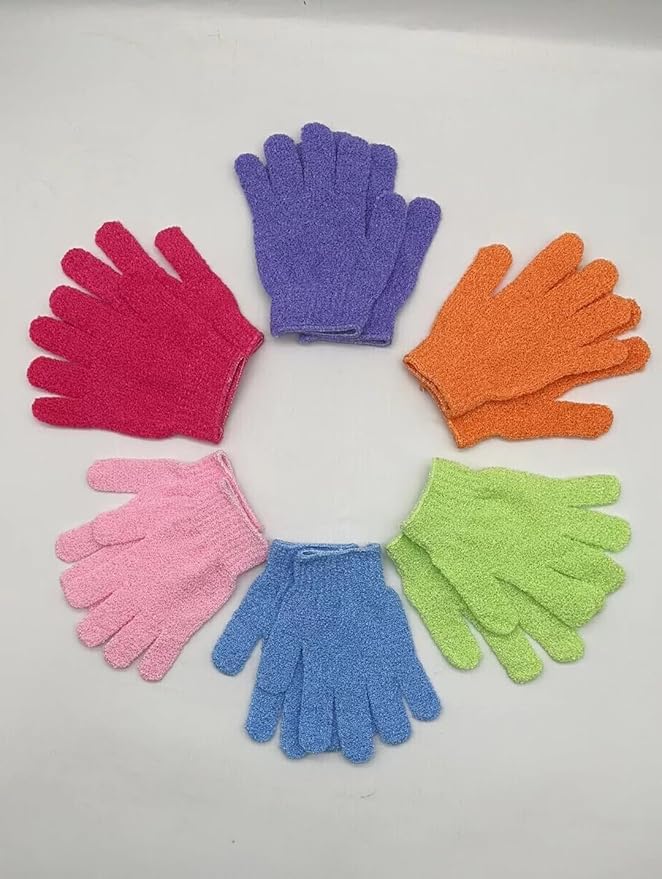 Elastic Exfoliating Bath Gloves, 6 Pairs (12 Pieces), One Size, Suitable for Sensitive & Dry Skin